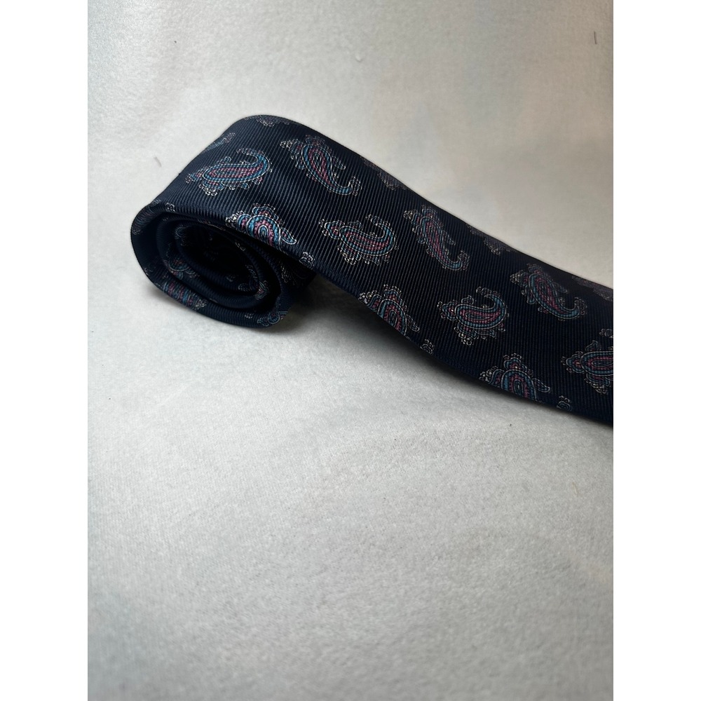 Briar Mens Navy Blue Paisley Silk Tie Hand Fashioned Italian Fabric Made in USA - Picture 5 of 9